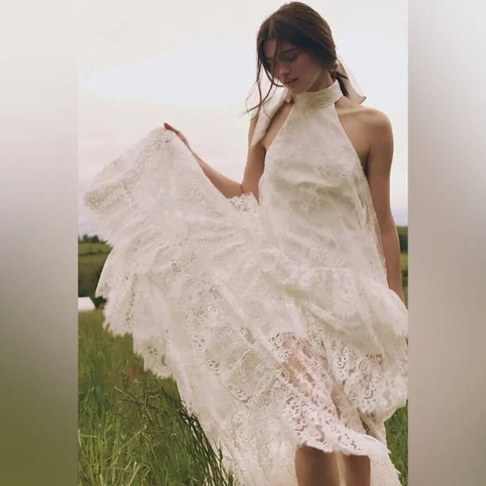 BHLDN Lace Halter Ruffle Peekaboo Maxi Dress Wedding Whimsical Romantic Womens S - Picture 9 of 10